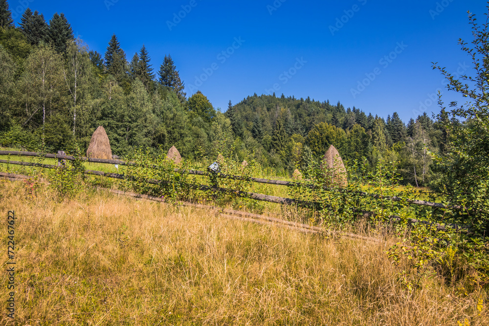 Sheaves of hay and fields in a Ukrainian village in the Carpathians in spring. Village between mountains and sheaves of hay. Ukrainian Carpathian mountains near the village of Bukovetsin summer.