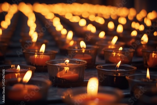 Rows of lit candles in a dark room, suitable for creating a warm and cozy atmosphere. Ideal for use in home decor, relaxation, or meditation-themed projects