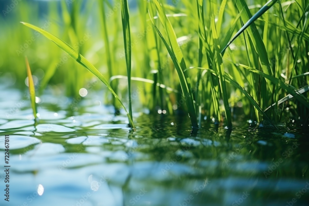 Fototapeta premium A close-up view of a body of water with grass in the background. This image can be used to depict the serenity of nature or to symbolize tranquility in various design projects