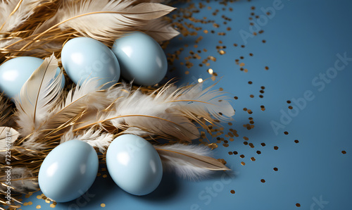 Banner gold and blue Easter eggs decorated with feathers and sparkles on a blue background