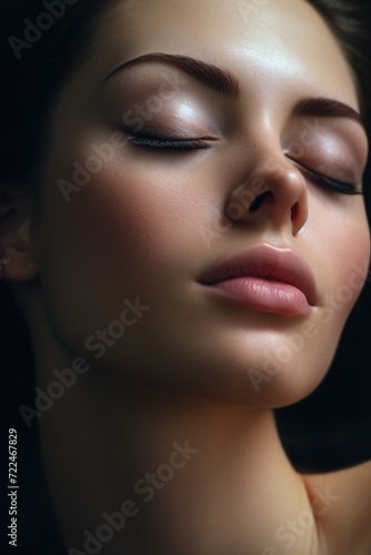 A close-up shot of a woman with her eyes closed. This image can be used to depict relaxation  meditation  or a peaceful state of mind