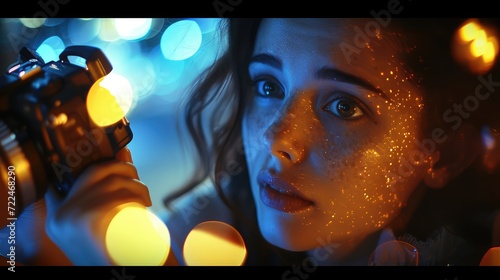 girl with a camera in bokeh from the lights