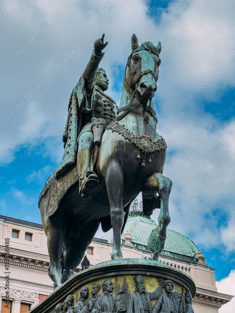 Obraz premium Prince Mihailo monument at Square of the Republic in front of National Museum. Belgrade, Serbia. High quality photo