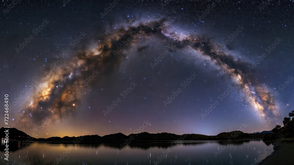  the night sky is filled with stars and the milky is reflected in the water and the reflection of the stars in the sky.