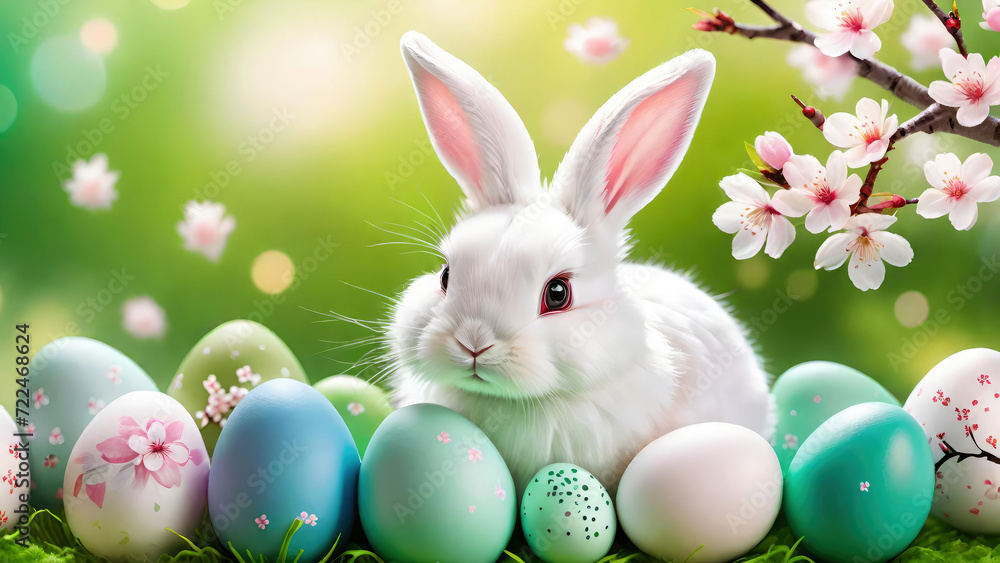 Cute Easter bunny and colorful decorated eggs on blurred blossom cherry spring pastel background.
Festive banner with space for text.Generative AI
