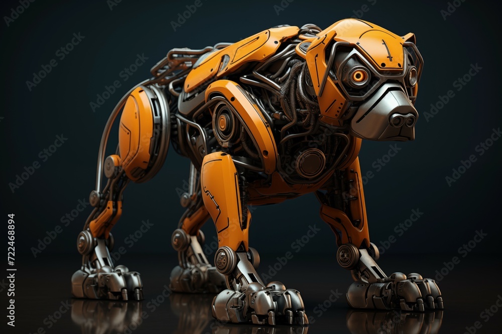 Futuristic orange robot dog on an isolated dark background