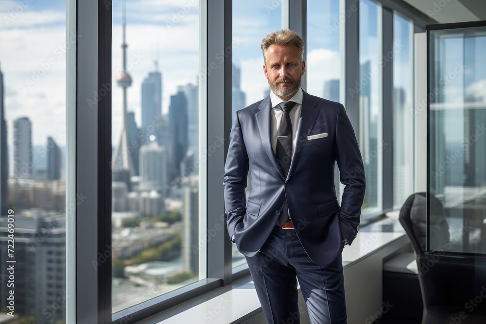 A man in a suit standing in front of a window with a cityscape in the background. Generative AI. A man in a suit standing in front of a window with a cityscape in the background. Generative AI.