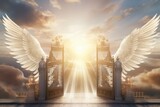 A picture of an open gate with white angel wings against a backdrop of a cloudy sky. This image can be used to symbolize hope, spirituality, or a transition between two worlds