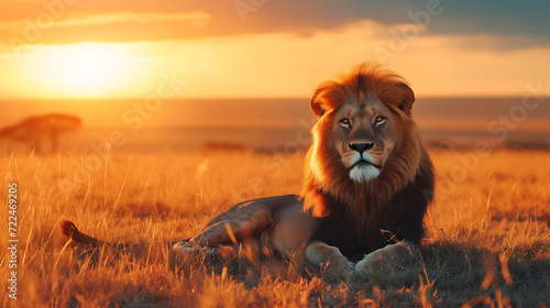 A captivating cinematic shot of a majestic lion peacefully resting in the mesmerizing African savannah, illuminated by the golden hues of a breathtaking sunset. © Nijat