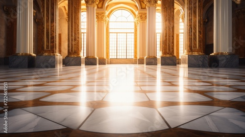 A large room with marble floors and columns. Generative AI.