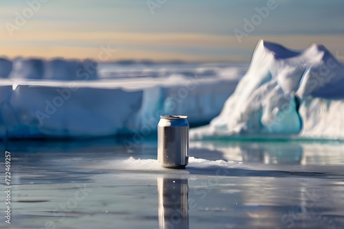 A soft drink can in the middle of the ice