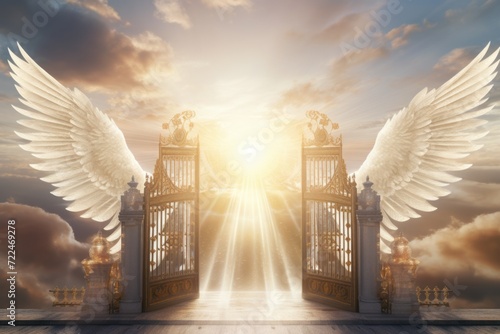 A picture of an open gate with white angel wings against a backdrop of a cloudy sky. This image can be used to symbolize hope, spirituality, or a transition between two worlds #722469278