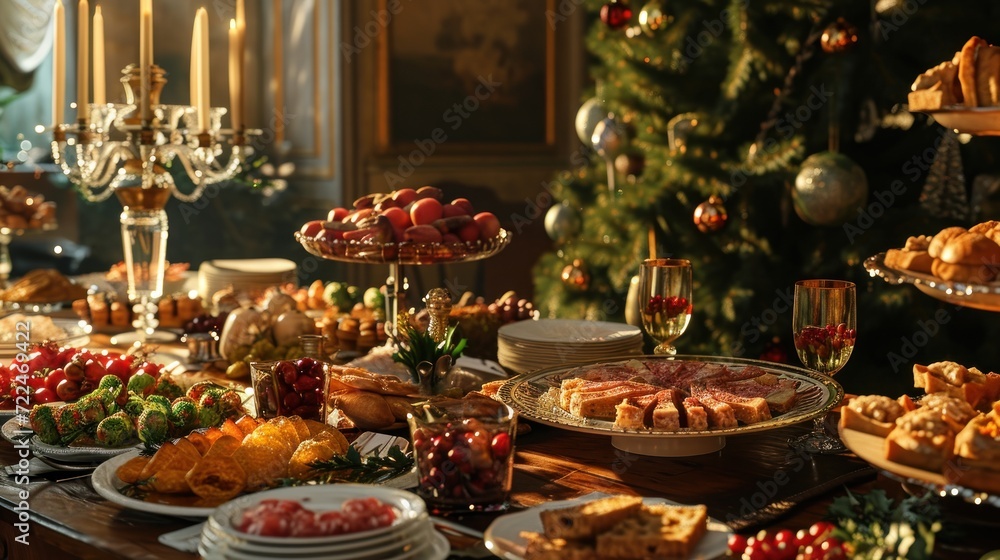  a table filled with a lot of food and a christmas tree in the background with a lot of food on it.