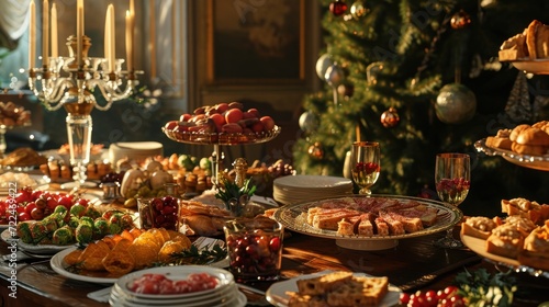  a table filled with a lot of food and a christmas tree in the background with a lot of food on it.