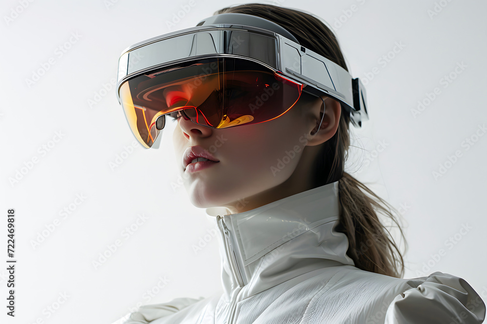 woman in virtual simulator glasses. technological gadget for reviewing digital information and computer games woman in virtual simulator glasses. technological gadget for reviewing digital information and computer games