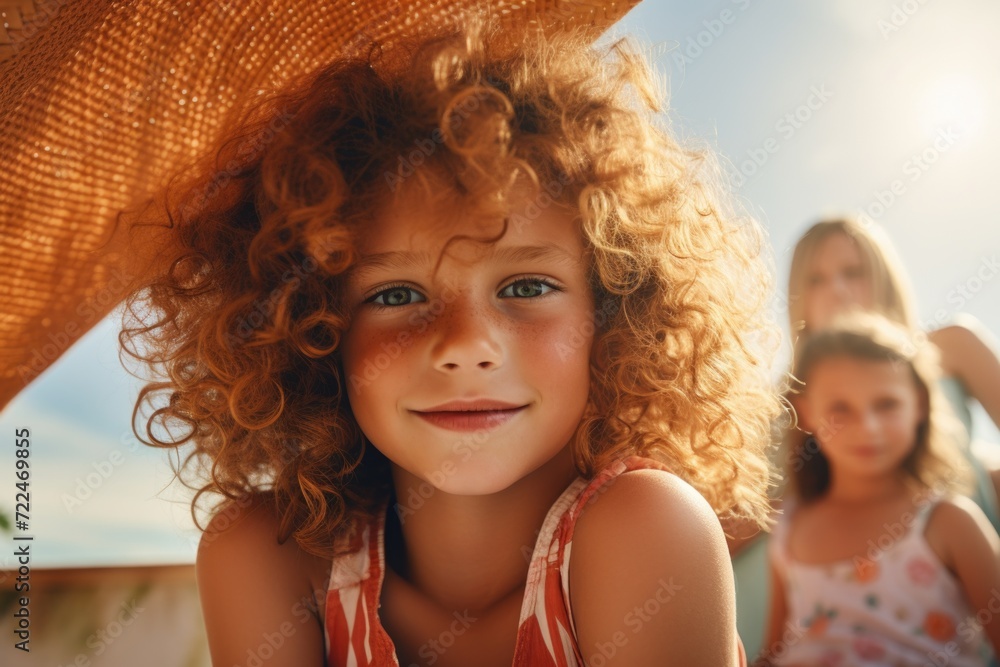 A picture of a little girl wearing a big hat. Perfect for fashion blogs and summer-themed designs
