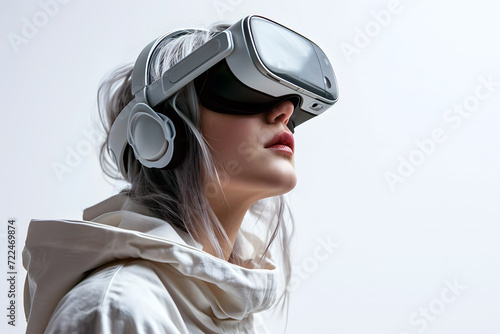 woman in virtual simulator glasses. technological gadget for reviewing digital information and computer games