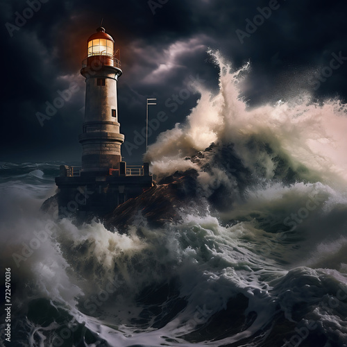 Lighthouse on a stormy sea. 3D render illustration.