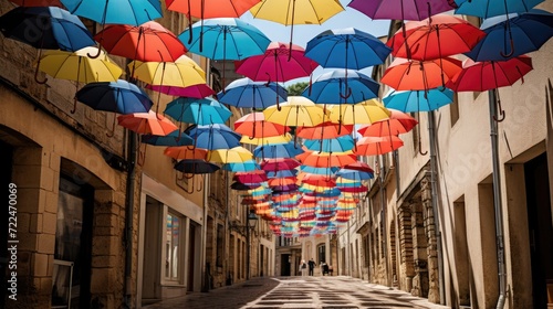 Colorful umbrellas hanging from the ceiling in an alley. This vibrant and eye-catching image can be used to add a pop of color to any project or to depict a lively outdoor market or festival scene
