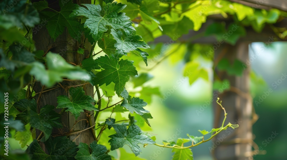 a vine is growing on the side of a wooden structure with green leaves growing on the side of the structure. a vine is growing on the side of a wooden structure with green leaves growing on the side of the structure.