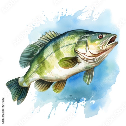 Watercolor-Style bass fish with White Background
