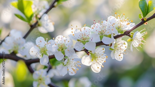 a branch of a tree with white flowers and green leaves in the foreground and a blurry background in the background.