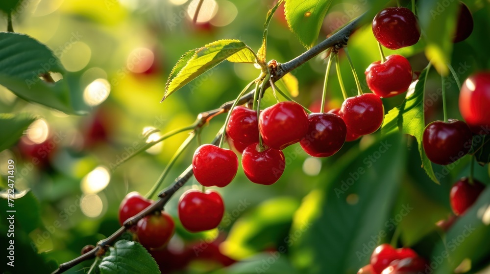 a close up of a bunch of cherries on a tree with green leaves and sunlight shining through the leaves. a close up of a bunch of cherries on a tree with green leaves and sunlight shining through the leaves.