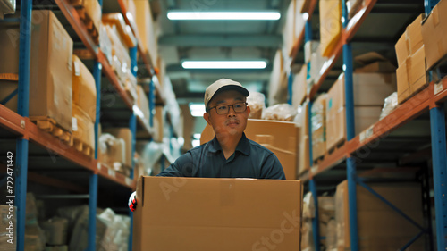 Professional warehouse worker in a cap carefully maneuvers a heavy cardboard box, navigating through aisles of towering shelves stocked with goods. Concept of warehouse work life, logistics operations