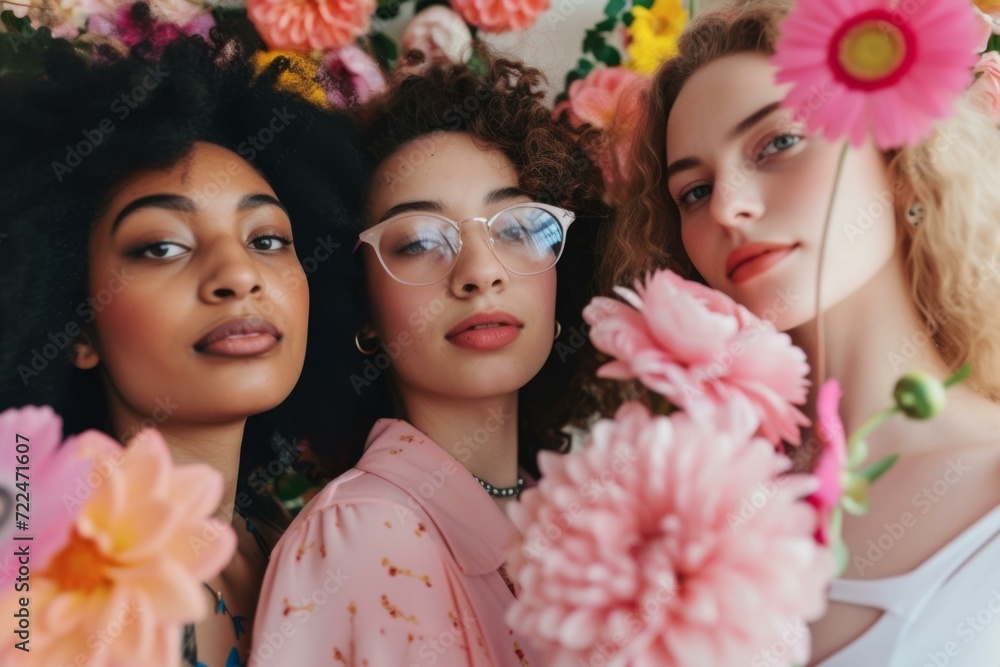 Diverse Women Surrounded by Flowers, Spring Concept Diverse Women Surrounded by Flowers, Spring Concept