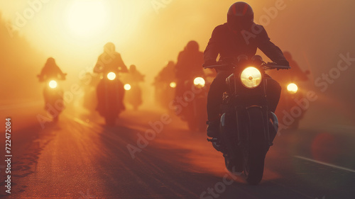 A group of motorcyclists travel on a road