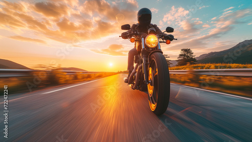 A man on a motorcycle rides fast on a road at dusk