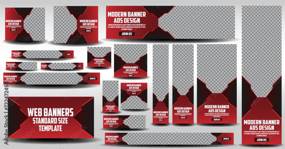 17 web banner ads design with standard size in red gradient template, modern web banner layout template set of different standard sizes. set of red web advertising banner template design - obrazy, fototapety, plakaty 