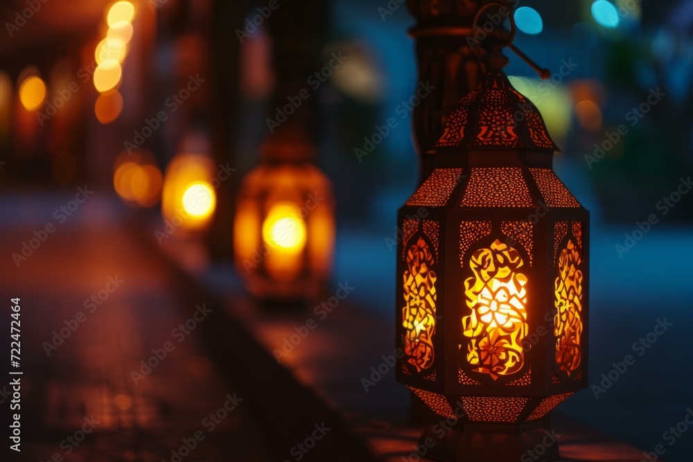 Illuminated Moroccan Lanterns at Night, Exotic Decor Concept Illuminated Moroccan Lanterns at Night, Exotic Decor Concept