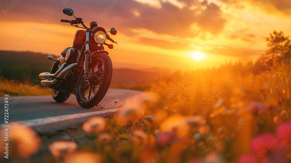 Obraz premium A motorcycle parked along a street at sunset, closeup on flowers