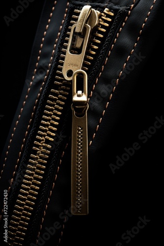 A detailed view of a zipper on a black bag. This image can be used for fashion, accessories, or travel-related themes