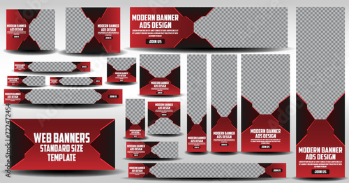 17 web banner ads design with standard size in red gradient template, modern web banner layout template set of different standard sizes. set of red web advertising banner template design