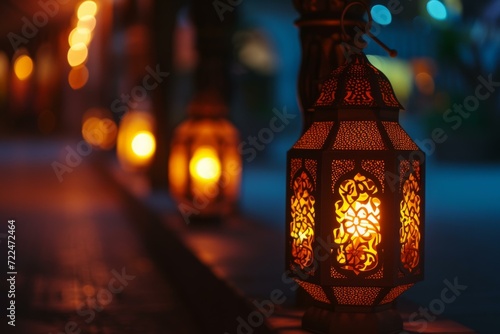 Illuminated Moroccan Lanterns at Night, Exotic Decor Concept