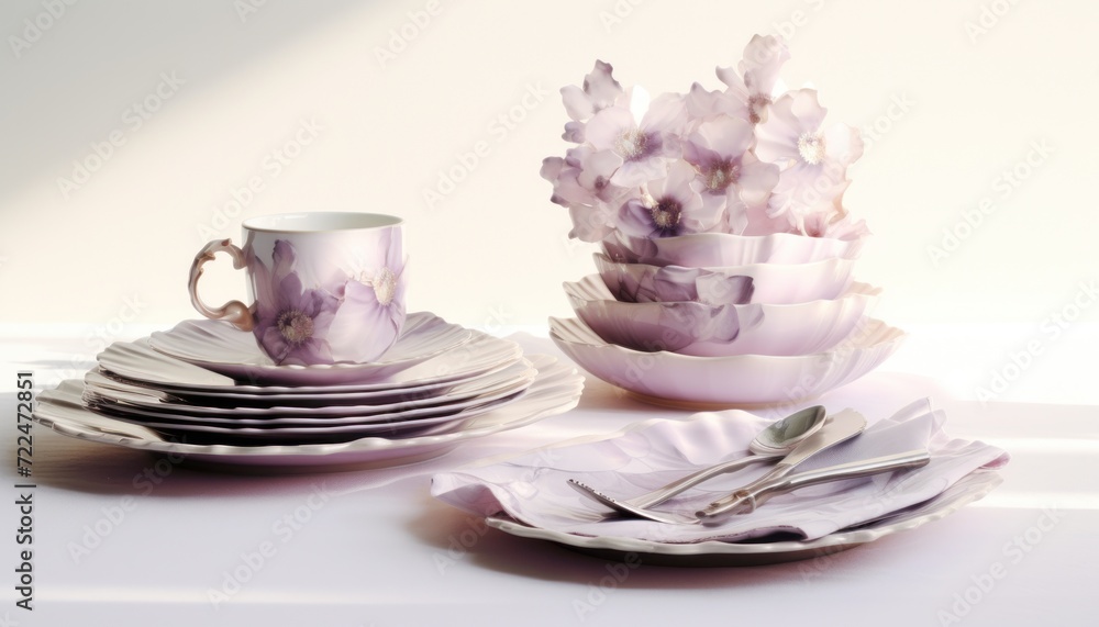  a close up of a plate with a cup and saucer and a plate with a fork and spoon on it.