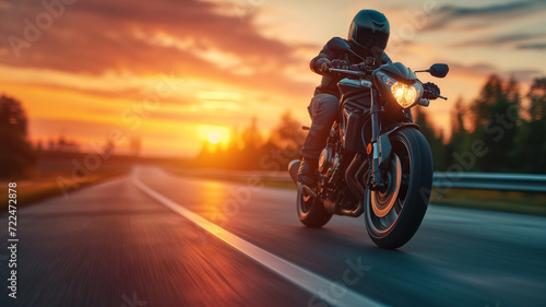 A motorcyclist travels fast on an american road at sunset