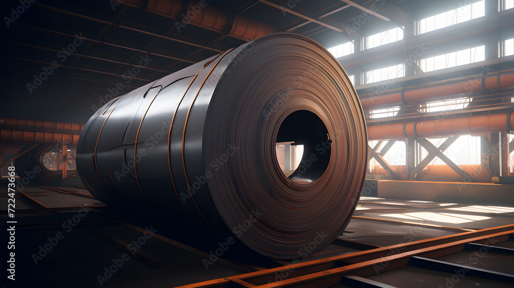 Rolls of galvanized steel sheet inside the factory or warehouse. Neural network AI generated art Rolls of galvanized steel sheet inside the factory or warehouse. Neural network AI generated art