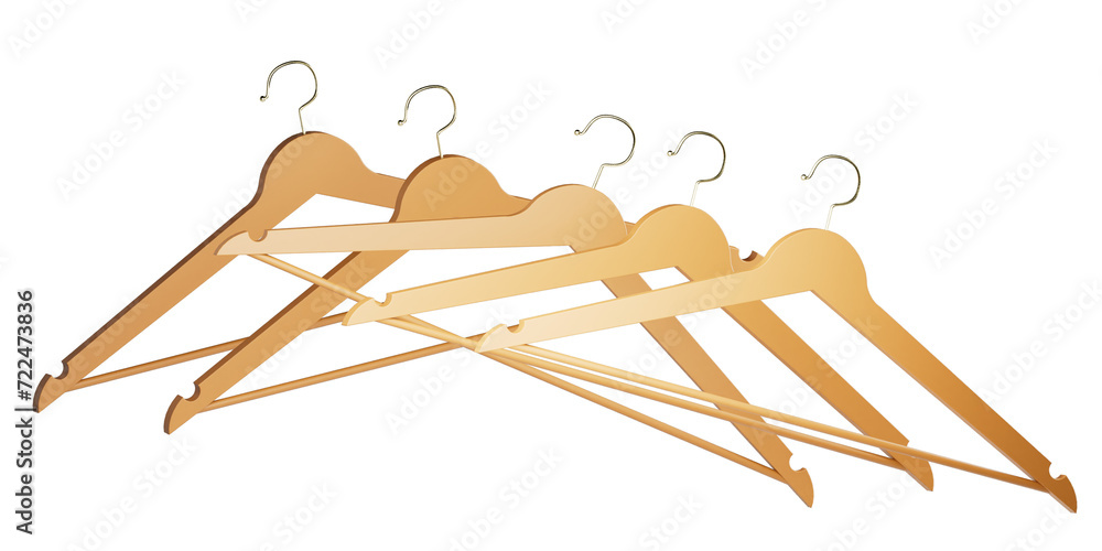 A set of swinging brown  cloth hangers for clothes, isolated on a transparent background. The hanger concept 