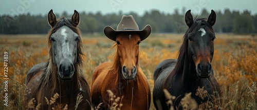 Horses and ponies wearing cowboy hats