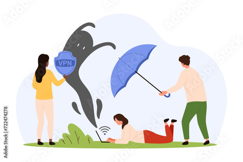 Privacy protection when using VPN internet connection, secure software. Tiny people with umbrella protect VPN system of proxy server from danger of virus attack and fraud cartoon vector illustration