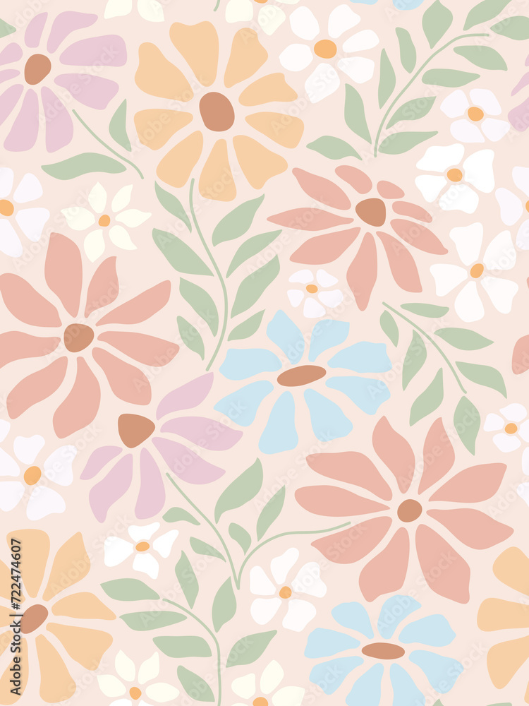Abstract flower patern. Trendy botanical wall arts with floral design in danish pastel colors. Modern naive groovy funky interior decorations, paintings. Vector art illustration.
