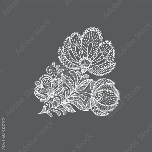 Lace floral decorative element. Vector white lace branches with flowers