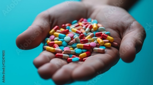 A man's hand holds a large handful of different pills