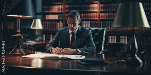 A professional man dressed in a suit sitting at a desk and engrossed in reading a book. Suitable for business, education, or office-related themes photo