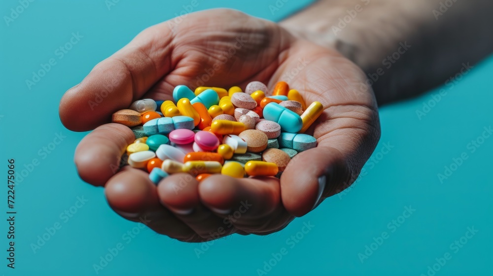 A man's hand holds a large handful of different pills A man's hand holds a large handful of different pills