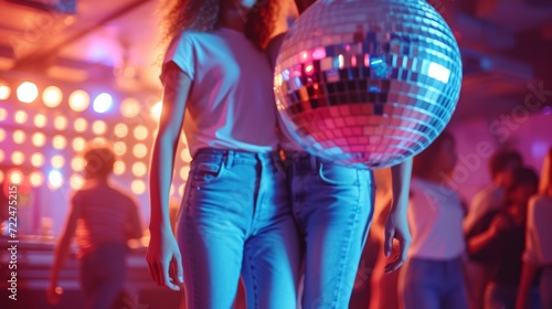A young couple in jeans and shiny T-shirts dances at a disco