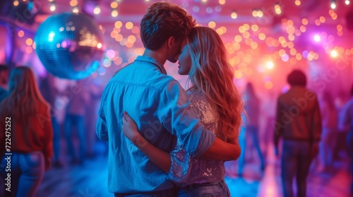 A young couple in jeans and shiny T-shirts dances at a disco